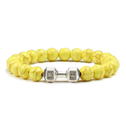 Pulseira De Pedra Vulcânica Natural Masculina, Preto Fosco, Contas Brancas, Pingente De Haltere, Pulseiras Femininas, Joias Fitness
