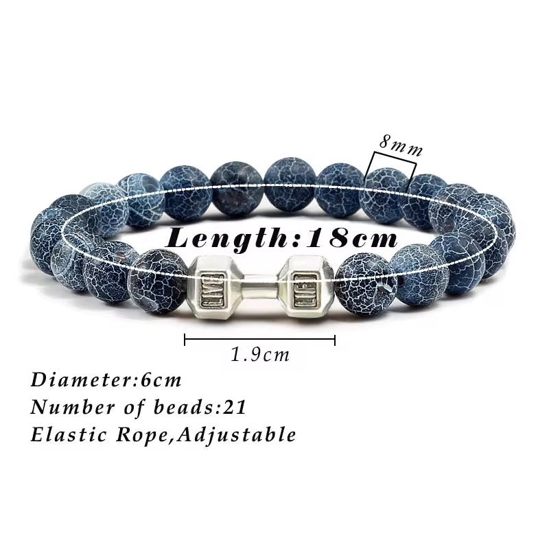 Pulseira De Pedra Vulcânica Natural Masculina, Preto Fosco, Contas Brancas, Pingente De Haltere, Pulseiras Femininas, Joias Fitness