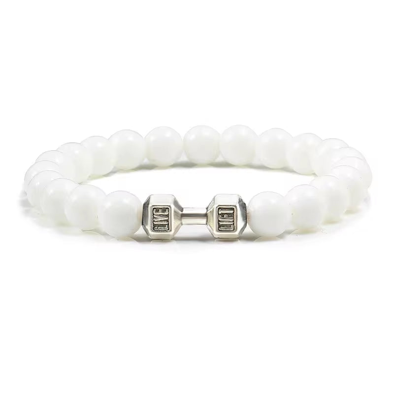 Pulseira De Pedra Vulcânica Natural Masculina, Preto Fosco, Contas Brancas, Pingente De Haltere, Pulseiras Femininas, Joias Fitness