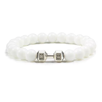 Pulseira De Pedra Vulcânica Natural Masculina, Preto Fosco, Contas Brancas, Pingente De Haltere, Pulseiras Femininas, Joias Fitness