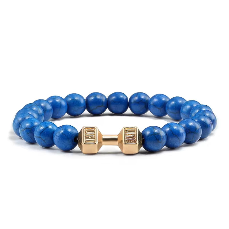 Pulseira De Pedra Vulcânica Natural Masculina, Preto Fosco, Contas Brancas, Pingente De Haltere, Pulseiras Femininas, Joias Fitness